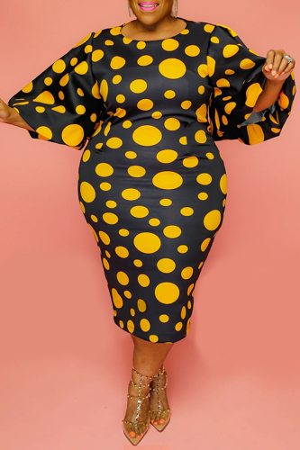 Yellow Casual Dot Print Patchwork O Neck Long Sleeve Plus Size Dresses