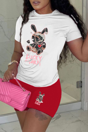 White Red Casual Cute Print Patchwork O Neck Short Sleeve Two Pieces