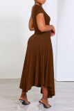 Brown Casual Solid Patchwork Oblique Collar A Line Dresses