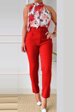 Rose Red Casual Print Patchwork O Neck Sleeveless Two Pieces