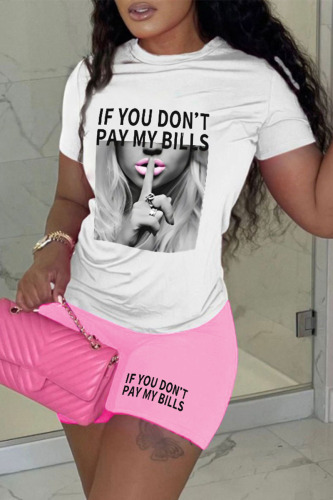 Pink Casual Letter Print Patchwork O Neck Short Sleeve Two Pieces
