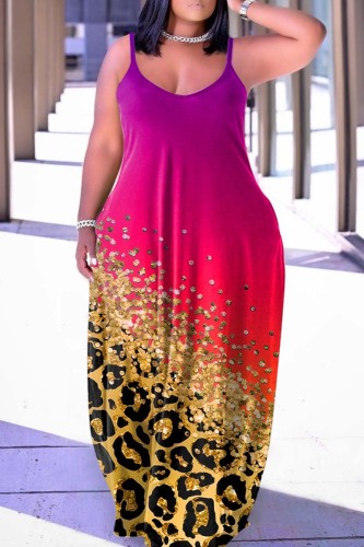 Rose Purple Sexy Casual Print Backless Spaghetti Strap Long Dress Dresses