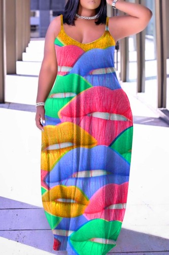 Green Sexy Print Backless Spaghetti Strap Long Dress Dresses