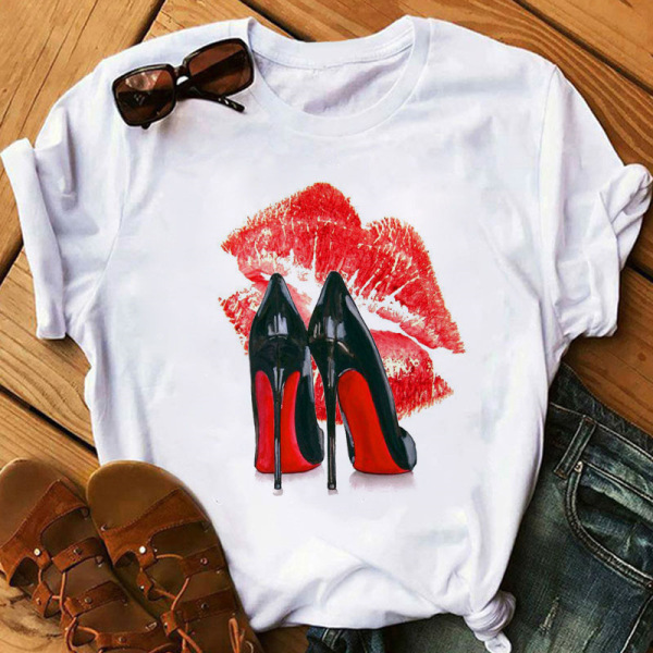 Red Casual Print Basic O Neck T-Shirts