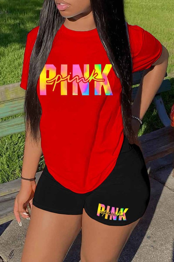 Red Casual Print Letter O Neck Short Sleeve Two Pieces