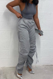 Grey Casual Solid Patchwork Draw String Fold High Waist Pencil Solid Color Bottoms