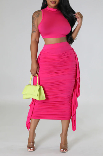 Rose Red Sexy Solid Patchwork Flounce Fold O Neck Sleeveless Two Pieces