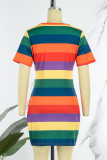 Multicolor Casual Print Basic O Neck Short Sleeve Dress