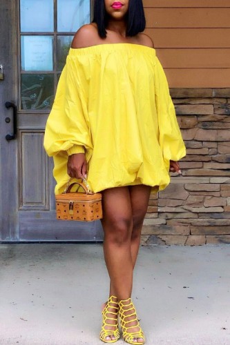 Yellow Sexy Casual Solid Backless Off the Shoulder Long Sleeve Dresses