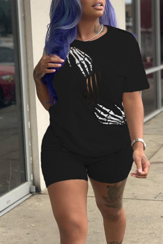 Black Casual Print Patchwork O Neck Short Sleeve Two Pieces