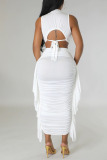 White Sexy Solid Patchwork Flounce Fold O Neck Sleeveless Two Pieces