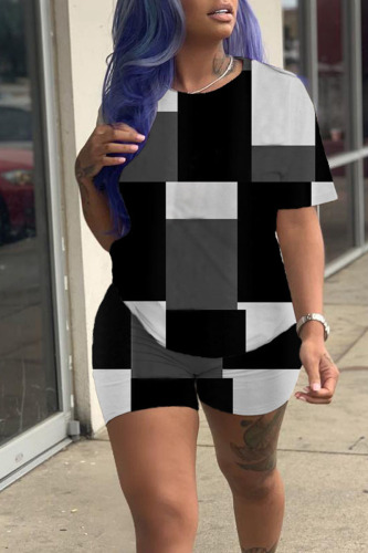 Matte Black Casual Print Patchwork O Neck Short Sleeve Two Pieces