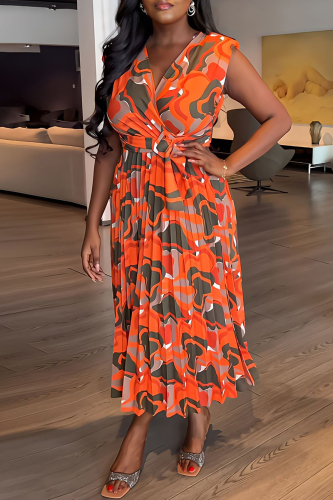 Orange Casual Print Patchwork V Neck Pleated Dresses