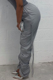 Grey Casual Solid Patchwork Draw String Fold High Waist Pencil Solid Color Bottoms