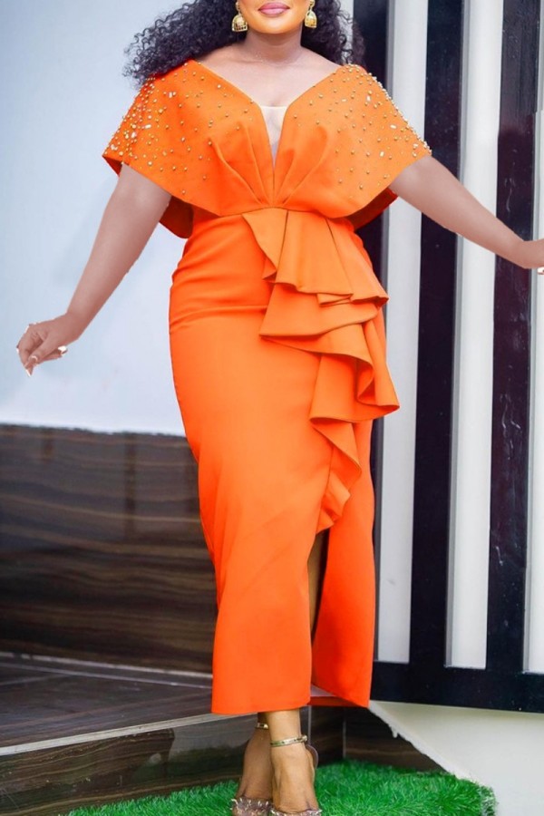 Orange Sexy Solid Patchwork V Neck One Step Skirt Dresses
