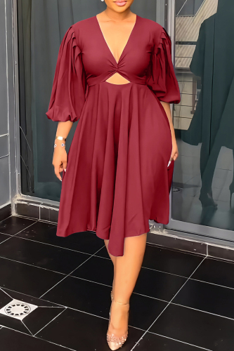 Red Casual Solid Hollowed Out V Neck A Line Dresses