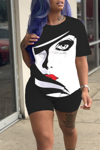 Black White Casual Print Patchwork O Neck Short Sleeve Two Pieces