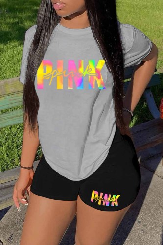 Grey Casual Print Letter O Neck Short Sleeve Two Pieces