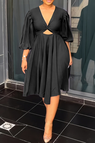 Black Casual Solid Hollowed Out V Neck A Line Dresses