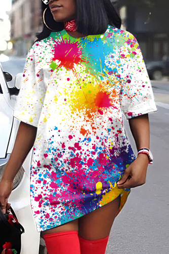 White Casual Print Basic O Neck T-shirt Dress Short Sleeve Dress