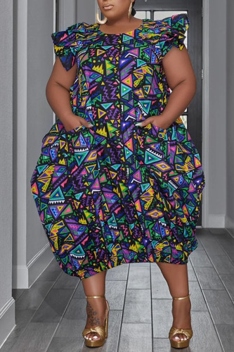 Blue Street Print Patchwork O Neck Irregular Dress Plus Size Dresses