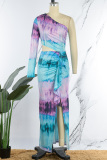 Blue Purple Sexy Print Hollowed Out Patchwork Slit Oblique Collar Straight Dresses