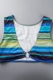 Turquoise Sexy Striped Print Patchwork V Neck Two Pieces
