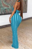 Green Sexy Striped Backless Halter Long Dress Dresses