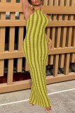 Green Sexy Striped Backless Halter Long Dress Dresses