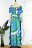 Turquoise Elegant Print Patchwork Square Collar A Line Dresses