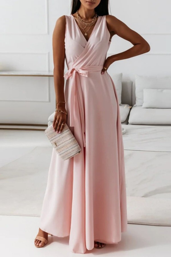 Pink Casual Solid Frenulum V Neck Long Dress Dresses