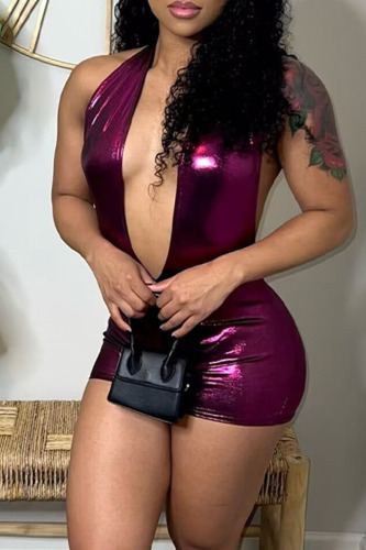 Fuchsia Sexy Solid Patchwork Backless Halter Skinny Rompers