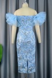 Blue Sexy Formal Patchwork Sequins Slit Off the Shoulder Evening Dress Dresses