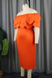Orange Casual Solid Patchwork Off the Shoulder Evening Dress Dresses