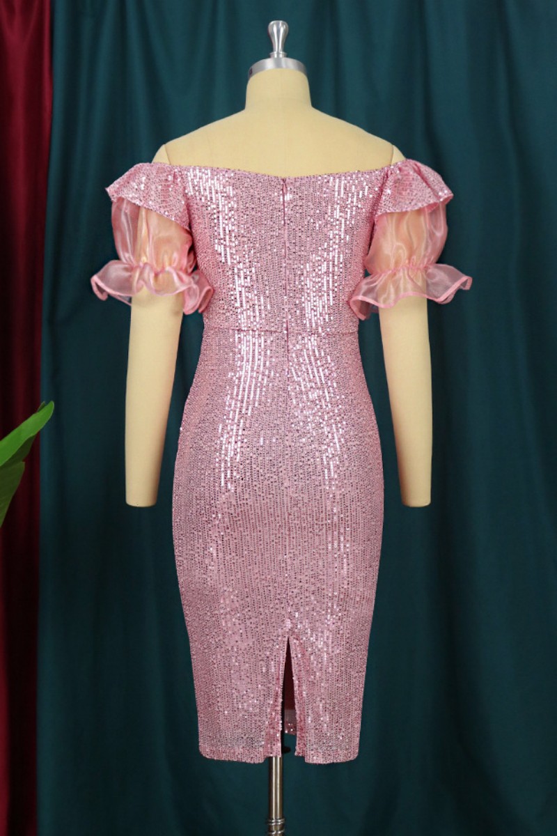 Pretty Shiny Off Shoulder Mesh Sequins Pink Maxi Evening Dress With Tie Back