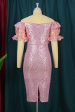 Pink Sexy Patchwork Sequins Backless Off the Shoulder Evening Dress Dresses