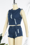Blue Street Solid Tassel Ripped Patchwork O Neck Sleeveless Two Pieces