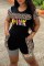 Black Casual Street Print Patchwork Letter O Neck Short Sleeve Two Pieces
