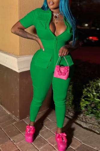 Green Sexy Solid Patchwork Pocket Turndown Collar Skinny Jumpsuits