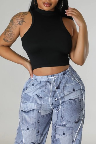 Black Casual Solid Basic Half A Turtleneck Tops