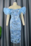 Blue Sexy Formal Patchwork Sequins Slit Off the Shoulder Evening Dress Dresses