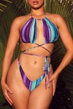 Multicolor Sexy Print Bandage Backless Swimsuit Three Piece Set (With Paddings)