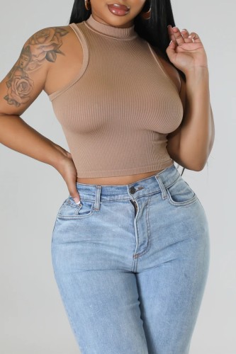 Khaki Casual Solid Basic Half A Turtleneck Tops