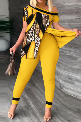 Yellow Casual Print Patchwork Slit Asymmetrical Oblique Collar Short Sleeve Two Pieces