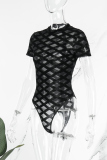 Black Sexy Solid Patchwork See-through O Neck Skinny Bodysuits