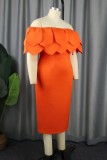 Orange Casual Solid Patchwork Off the Shoulder Evening Dress Dresses