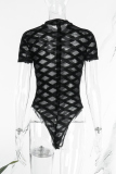 Black Sexy Solid Patchwork See-through O Neck Skinny Bodysuits