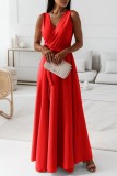 Red Casual Solid Frenulum V Neck Long Dress Dresses