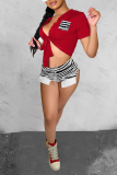 Red Sexy Striped Patchwork V Neck Short Sleeve Two Pieces