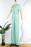 Lake Green Casual Print Patchwork With Belt V Neck Straight Jumpsuits